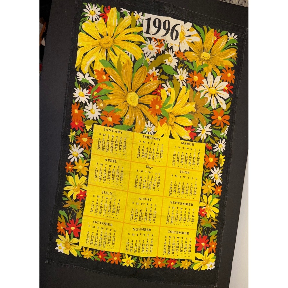 Vintage 1996 Calendar Tea Towel Floral Daisy Black Yellow Linen Wall Decor